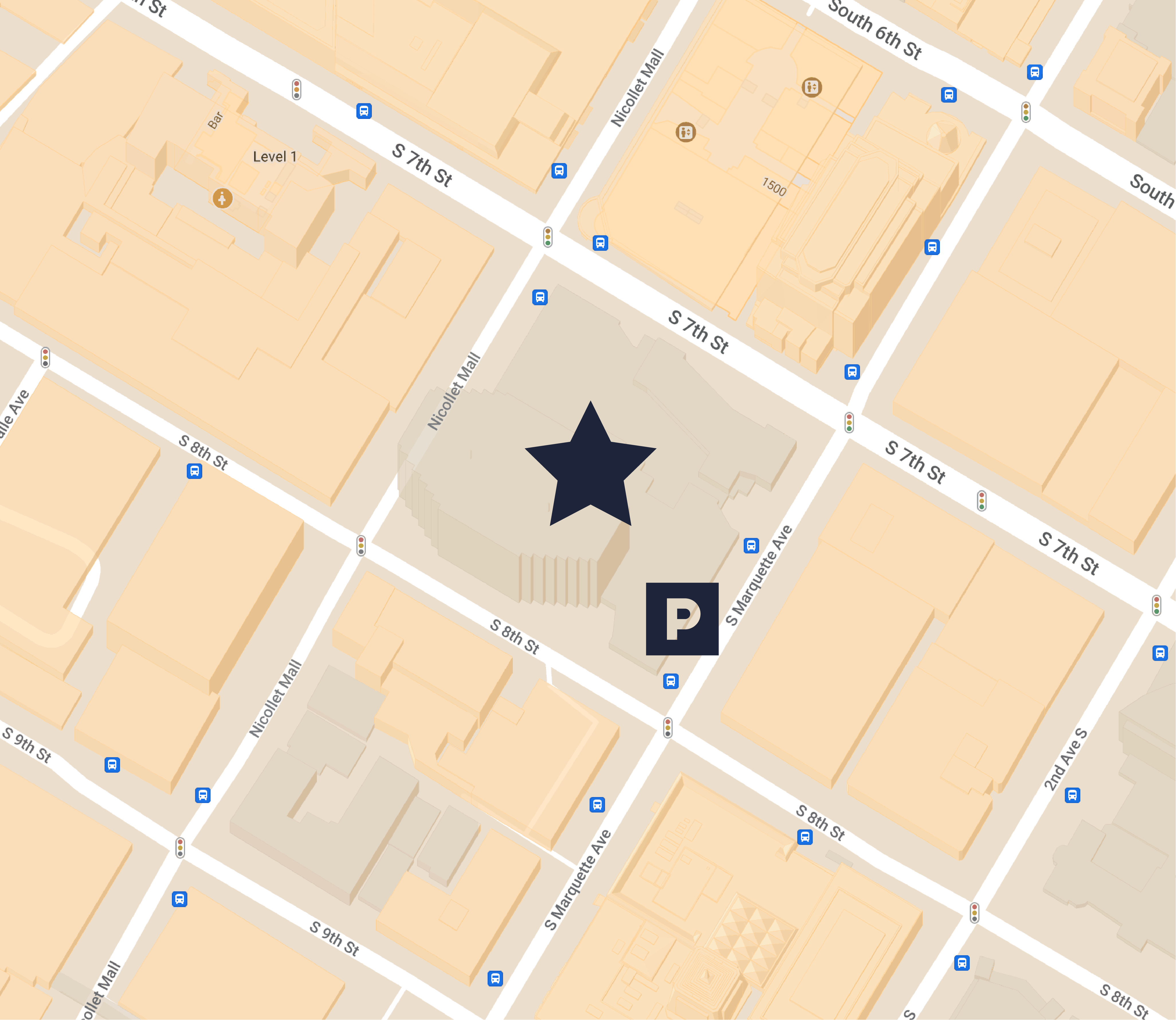 A map of the wedding venue in downtown Minneapolis, and the venue parking ramp.